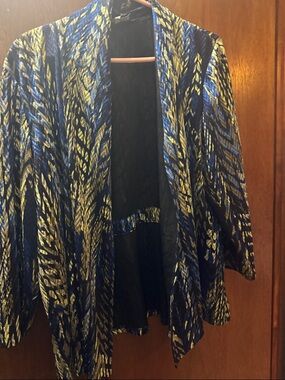 Kasper Blue and Gold Open-Front Patterned Cardigan